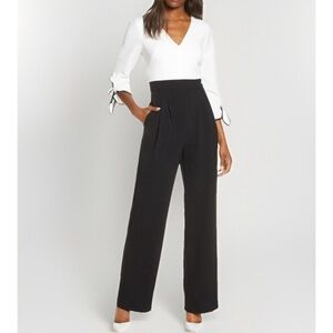 Harper Rose Women Black White Lined V-Neck Colorblock 3/4 Tie Sleeve Jumpsuit 6